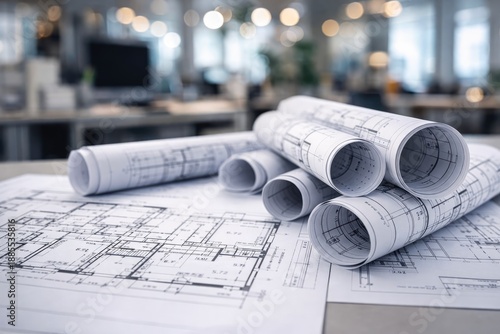 Rolled Architectural Blueprints on Office Desk with Engineering and Construction Plans