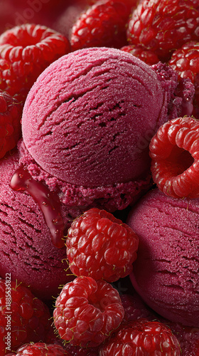 Raspberry Ice Cream Scoops with Fresh Berries, Sweet Summer Dessert