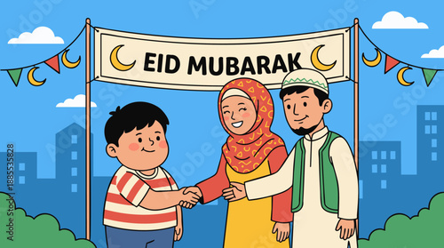 Happy Eid Mubarak illustration with family celebrating togetherness and greeting each other with smiles and festive decorations