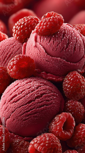 Raspberry Ice Cream Scoops with Fresh Berries, Dessert Close Up