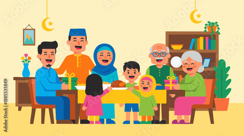 A joyous multi-generational Muslim family gathers for a festive celebration, exchanging gifts around a dining table adorned with delicious food and festive decorations