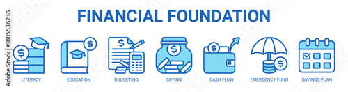 Financial Foundation web banner icon vector illustration concept with icon of financial literacy, financial education, budgeting, saving, cash flow, emergency fund, and savings plan.