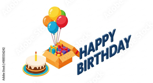 Colorful birthday celebration with cake, balloons, and gifts  