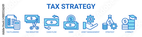 Tax Strategy web banner icon vector illustration concept with icon of tax planning, tax deducted, cash flow, cash management, asset management, investment strategy, and financial literacy.