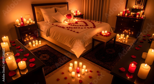 A cozy bedroom decorated with rose petals and candles for Valentine’s surprise