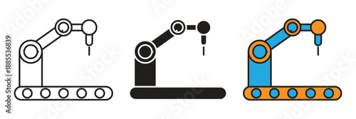 Conveyor Robot Arm Icon. Automated conveyor belt with robotic arm vector graphics for production line, logistics, and industrial technology.
