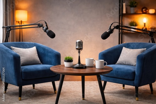 Professional podcast recording studio with microphones and armchairs