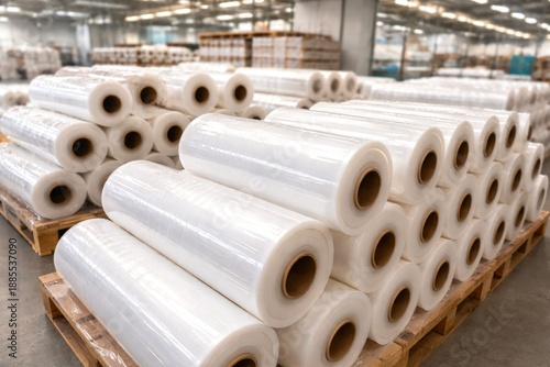 Industrial rolls of transparent plastic film in warehouse storage