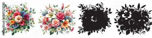 Watercolor style flower bouquet - vector clipart and ready-made silhouettes on a white background.