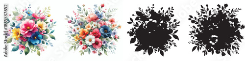 Watercolor style flower bouquet - vector clipart and ready-made silhouettes on a white background.
