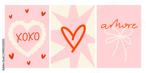 Cute romantic pink cards with hearts, bow and hand written love quotes. Posters for Valentine's day in retro doodle style. Love vector illustration