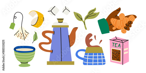 Modern teapot, ceramic cups, tea additives in cartoon retro style. Cozy comfortable drink stickers. Sugar, tea bag, ginger, citrus, green tea. Beverage vector flat illustration