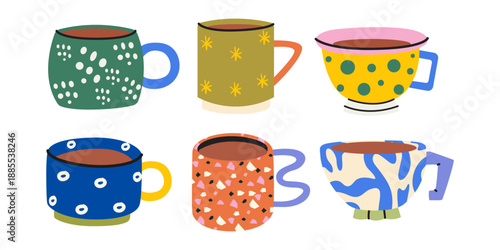 Modern ceramic cups set for tea, matcha and coffee. Cartoon doodle mugs decorated with design elements. Tea ceremony, porcelain tableware. Beverage vector illustration