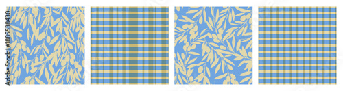 Olive branches seamless pattern set with leaves and berries silhouettes, checked textures in yellow and blue color. Floral and geometric ornament. For food and drink background
