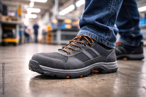 Protective Work Shoes on Factory Floor in Industrial Environment