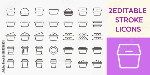 Collection of minimalist line icons depicting various food containers and takeout boxes
