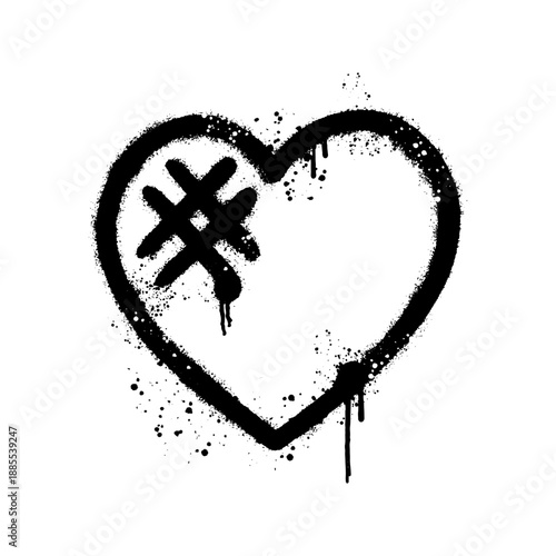 Black spray paint heart with bandage cross graffiti street art vector illustration