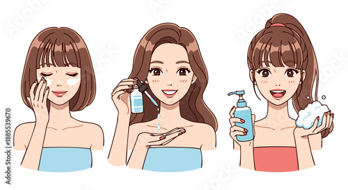 Charming vector illustration of three young women performing a multi-step skincare routine with serums and cleansers