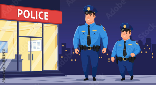 Police Station Vector Illustration featuring Two Officers Standing Outside at Night with City Lights in the Background