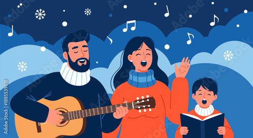 Happy Family Singing Christmas Carols Together in Winter Snowfall Vector Illustration