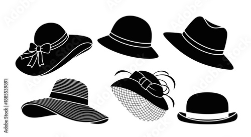 Set of Vintage Women's Elegant Hats Silhouette Icons Isolated on White Background