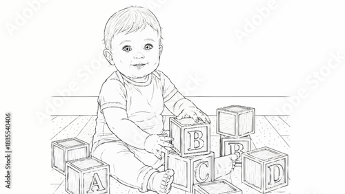 Baby playing with alphabet blocks learning ABCs.