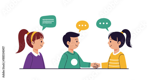 A boy and girl shake hands to make an agreement while another girl watches their friendly conversation with speech bubbles.