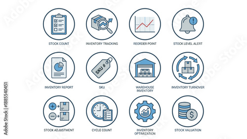 Inventory Management Icon Set. Stock Count Tracking Warehouse SKU Reorder Point Level Alert Valuation Optimization Turnover. Business Logistics Supply Chain Vector Icons