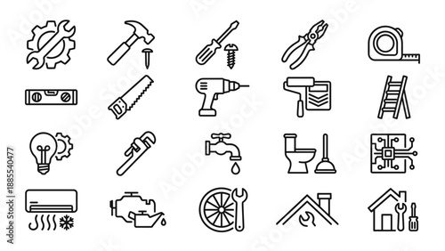 Repair and maintenance line icons set. Construction tools collection. Handyman service symbol. Renovation equipment. Home improvement thin stroke vector kit. Builder hardware.