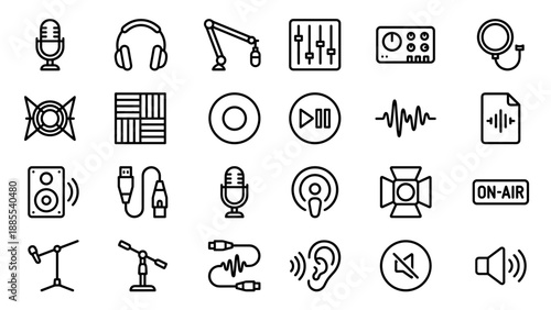 Podcast and audio gear icons set. Minimal monoline outline symbols. Microphone, headphones, mixer, studio equipment. Broadcasting, recording, streaming. Linear interface elements.