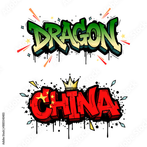 Dragon and china text graffiti lettering with flag colors and crown vector