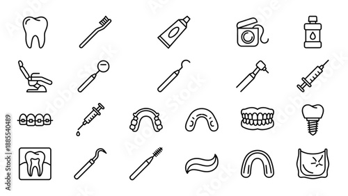 Dental care thin line icons set. Vector oral hygiene symbols. Dentistry equipment. Tooth, toothbrush, implant, braces. Outline stroke style. Stomatology health concept. Linear art.