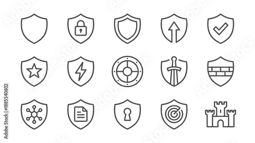 Shield line icons set. Security protection defense symbols. Guard badge lock checkmark star sword castle fortress. Cyber safety privacy. Minimalist vector icon collection