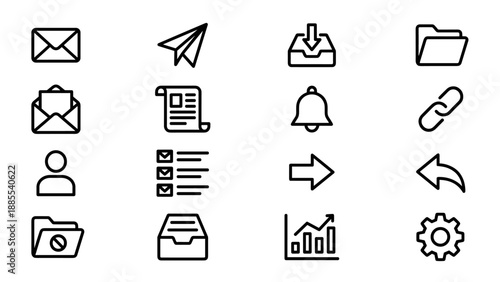Email Newsletter Line Icons Set. Minimalist UI Vector. Mail Envelope Send Inbox Folder Bell Notification User Checklist Settings. Business Web App Interface Communication Symbols