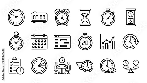 Clock and time management line icons set. Business productivity. Hourglass stopwatch calendar alarm schedule deadline. Work life balance. Efficiency planning. Linear timepiece vector.