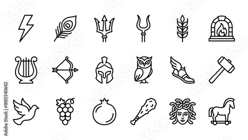 Greek mythology line icons set. Ancient gods symbols. Olympian deity signs. Zeus lightning, Poseidon trident, Athena owl. Minimalist vector. Historical legend. Classic culture concept
