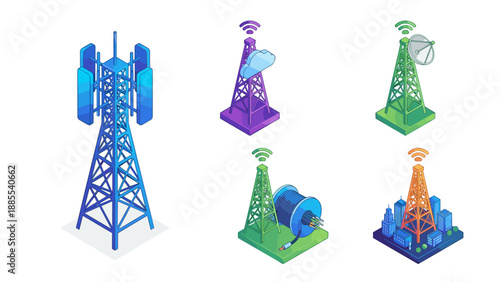 Isometric 3D Vector Set of 5G Wireless Communication Towers, Mobile Network Antennas, Satellite Dishes, Cloud Data Transmission, Fiber Optic Connection, and Telecommunication Infrastructure Icons