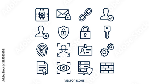 Cybersecurity privacy icon set. Identity verification vector line art. Digital protection technology. Padlock shield fingerprint face scan server firewall. Secure network data safety.