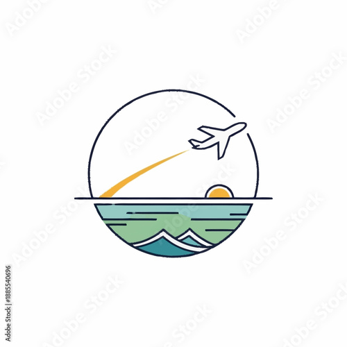 Airplane Flying Over Ocean and Mountains at Sunset.