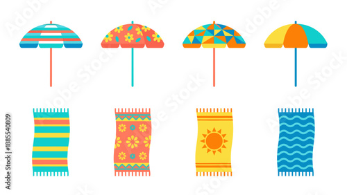 Beach vacation vector set with colorful umbrellas and towels, summer seaside accessories, flat design collection of parasols and mats in bright geometric and floral patterns