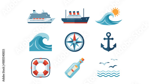 Nautical marine travel icons. Cruise ship, waves, sun, compass, anchor, lifebuoy. Message in bottle, seagulls. Summer vacation symbols. Sea transport flat design vector graphic kit.