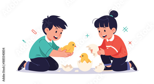 A kind little boy and girl are gently holding and playing with two cute baby chicks that have just hatched from eggs.