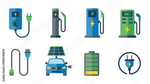Electric vehicle charging station vector icon set. Renewable energy concept. EV charger, power plug, battery, solar energy car, green technology, sustainable transportation flat illustration