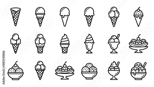 Outline vector icon set of ice cream cones and sundaes. Minimalist dessert illustrations collection with various ice cream cone, scoop, and sundae cup designs arranged cleanly on white background