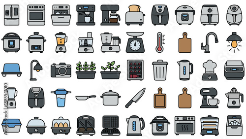 Smart kitchen gadgets icons. Modern home appliances vector set. Electronic cooking devices flat filled style. Household equipment tools. Digital automation technology symbols kit.