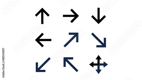 Set of 9 Minimalist Vector Arrow Icons for Web Interface Navigation and UI Design. Clean Geometric Style Featuring Directional Pointers in a Neat Grid Layout.