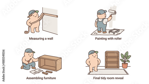 Home renovation DIY vector set. Handyman measuring wall, painting roller, assembling furniture and room reveal. Cute cartoon interior design makeover. House improvement illustration.