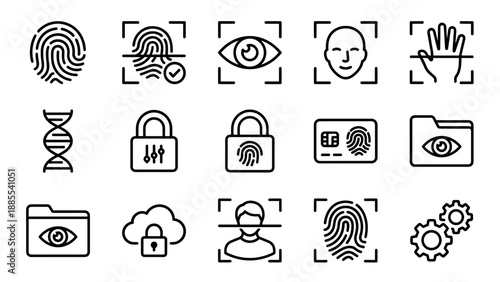 Fingerprint line icon set. Biometric security scan symbols. Digital identity verification. Thumbprint touch sensor. Cyber protection technology. Unique finger mark. Crime evidence vector.