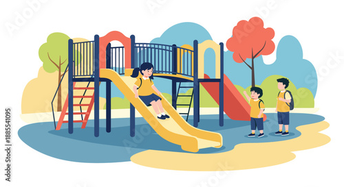 Three happy students in matching yellow uniforms enjoy their recess by playing together on a fun slide at the school playground.
