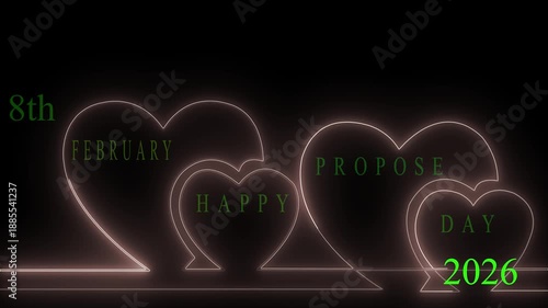 8th February Happy Propose Day 2026 neon sign animation with glowing heart icons on dark background for romantic love proposal celebration